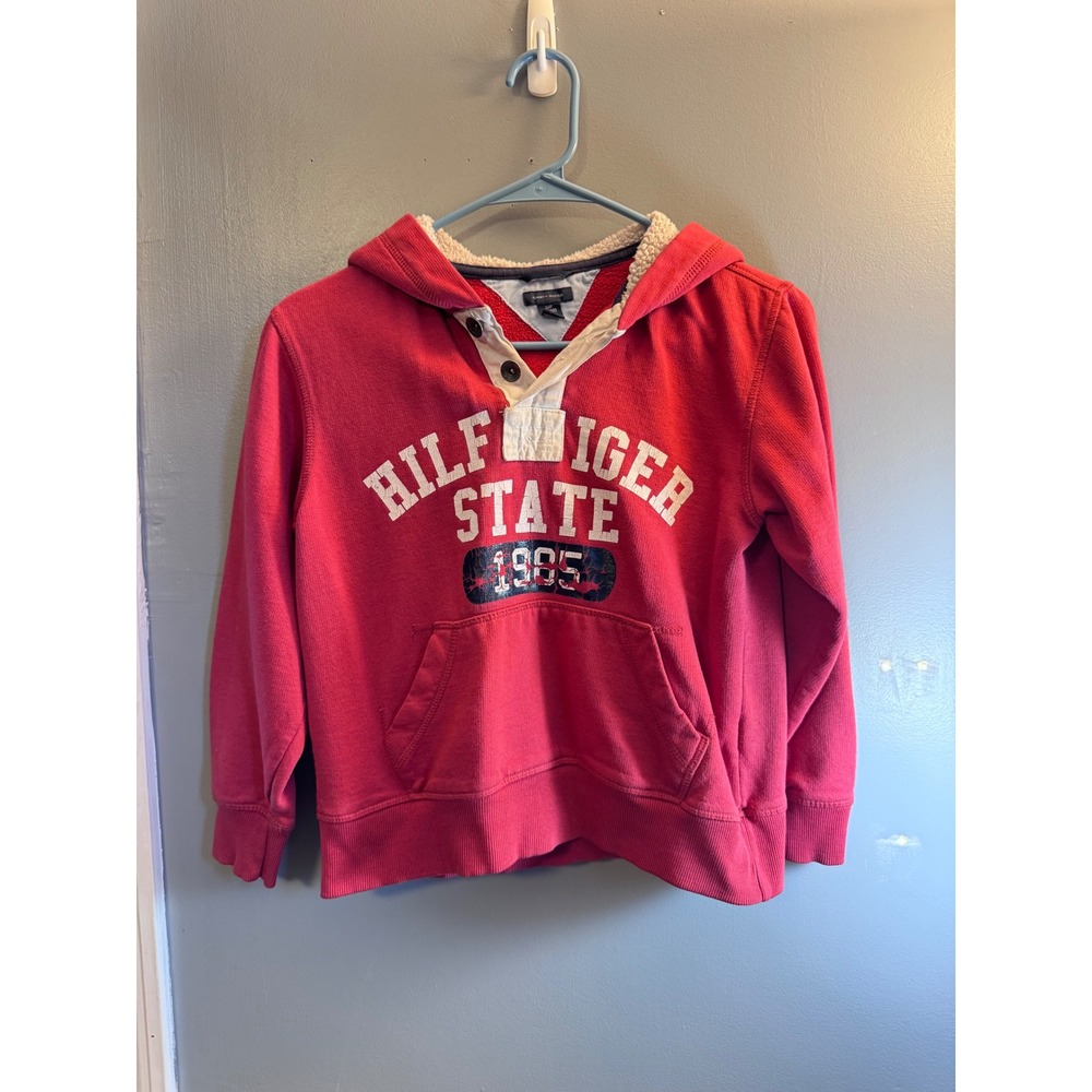 Tommy Hilfiger Kids Red Hilfiger State 1985 Sherpa Lined Henley Hoodie Size 8/10